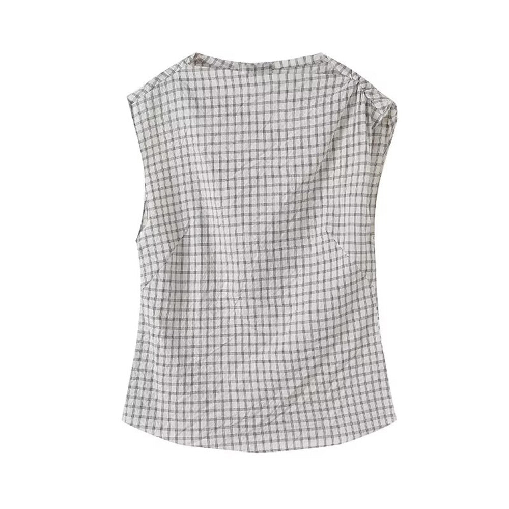 Women's 2025 new fashion draped collar plaid sleeveless shirt