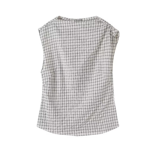 Women's 2025 new fashion draped collar plaid sleeveless shirt