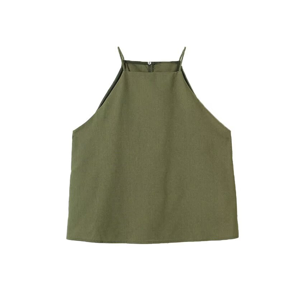 Women's new fashion sleeveless cotton linen blend hanging neck top+Pants suit