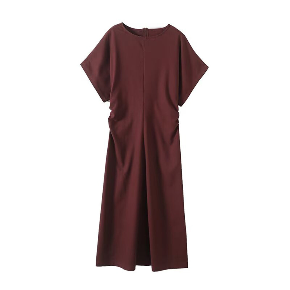 Women's new fashion pleated waist cinched O Neck short sleeved MIDI dress