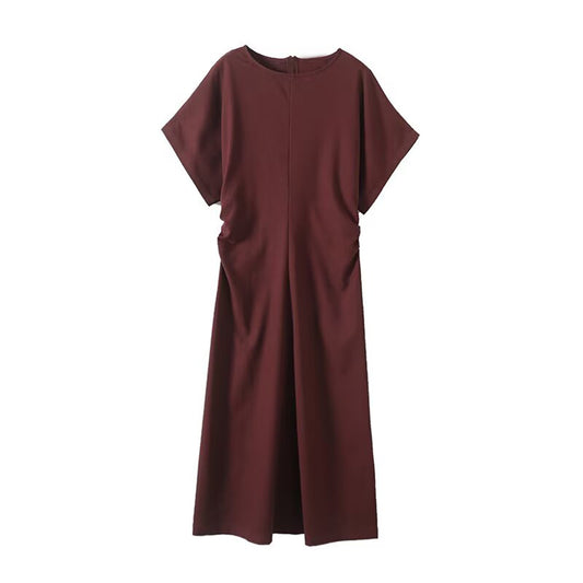 Women's new fashion pleated waist cinched O Neck short sleeved MIDI dress