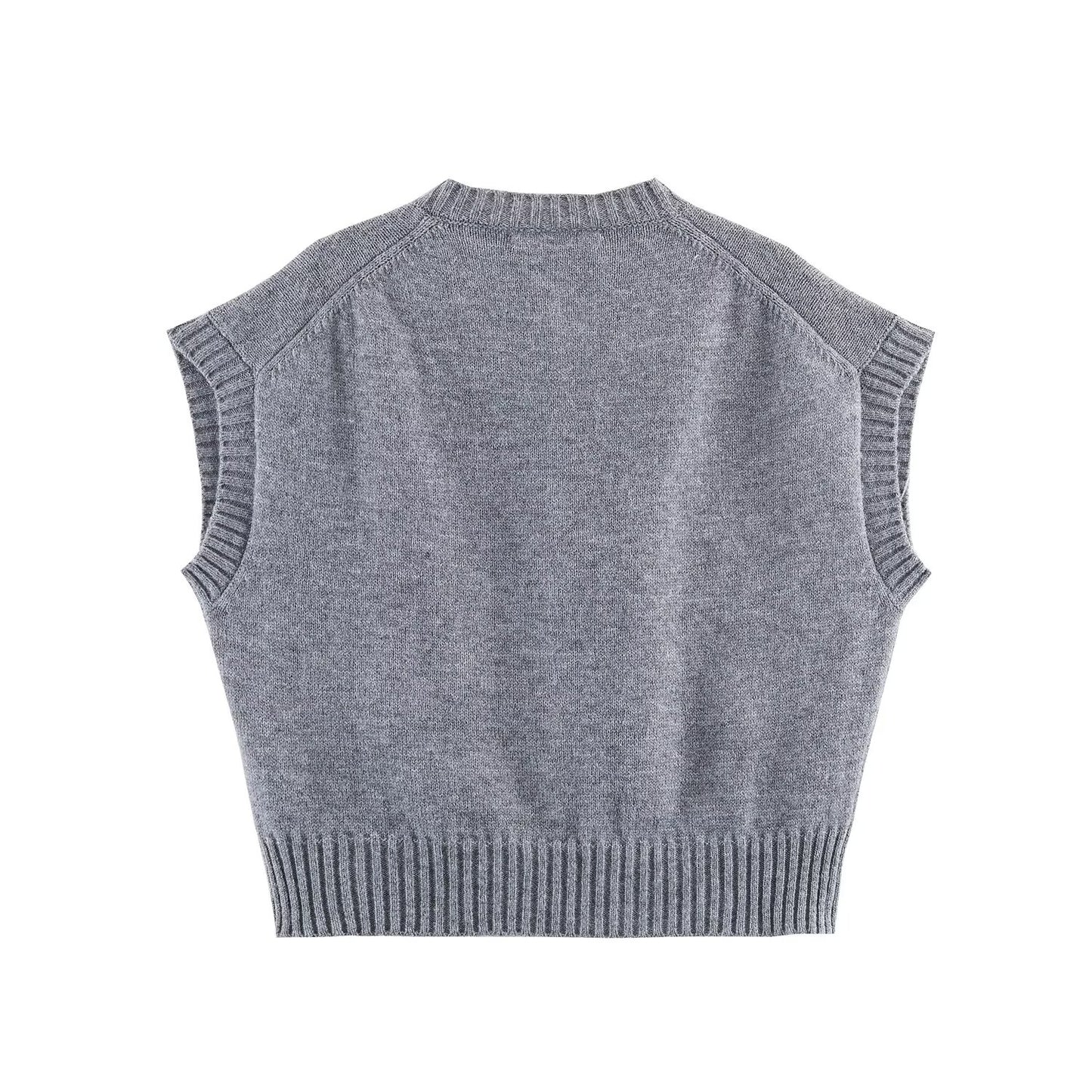 Women's pocket decoration short sleeveless knitted vest