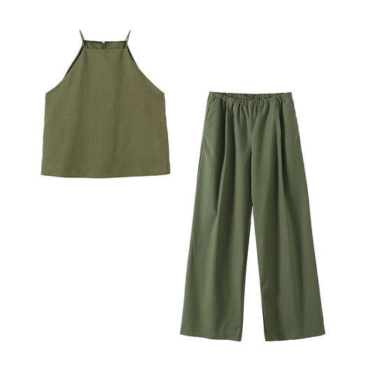 Women's new fashion sleeveless cotton linen blend hanging neck top+Pants suit