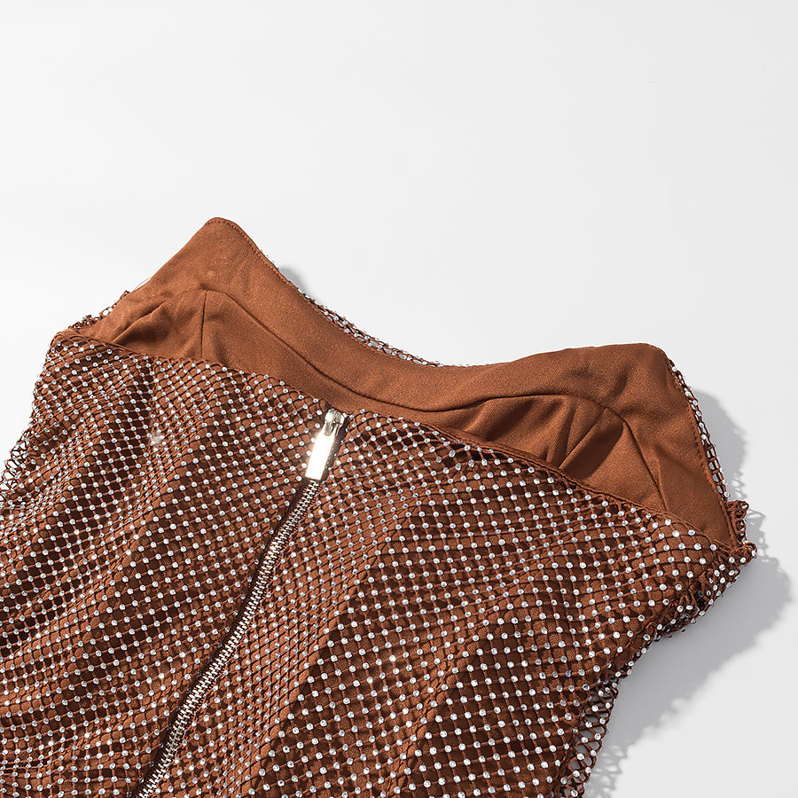 Women's new fashion diamond decorative tube top+mini overskirt suit.