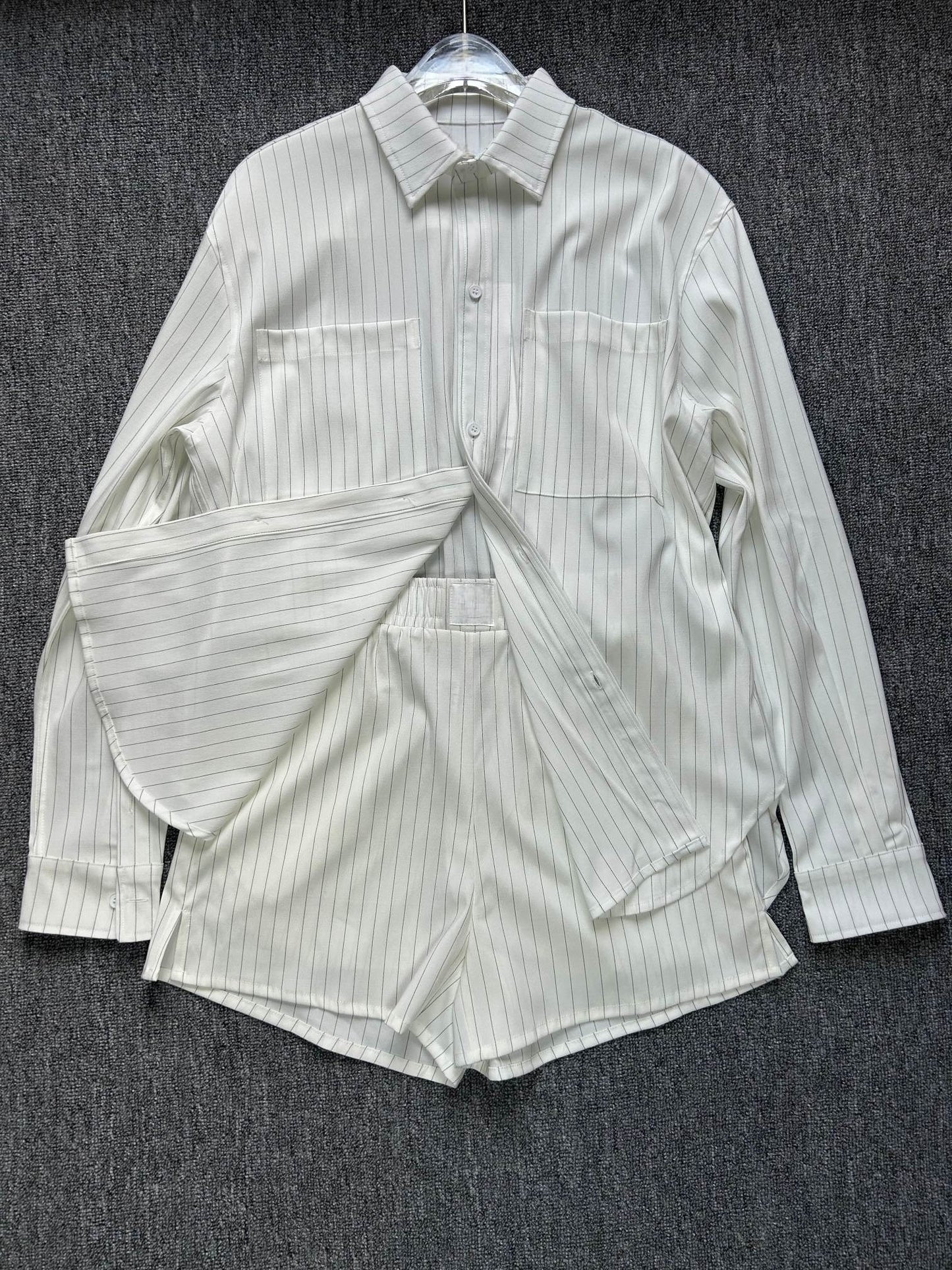 Women's new versatile striped long-sleeved shirt + shorts set