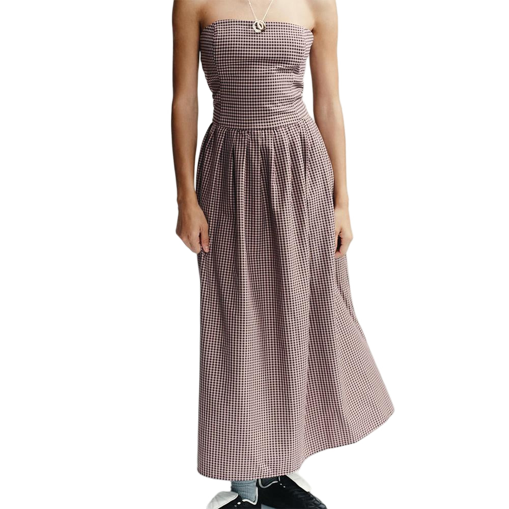 Women's Summer Fashion plaid strapless Midi Dress