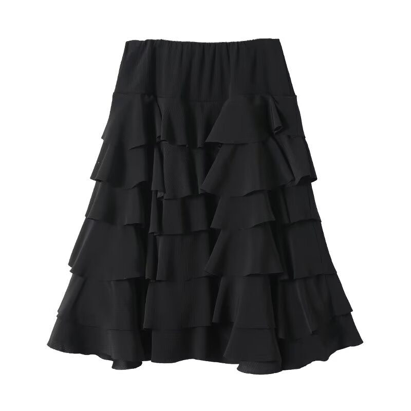 Women's new fashion black ruffled draped MIDI skirt