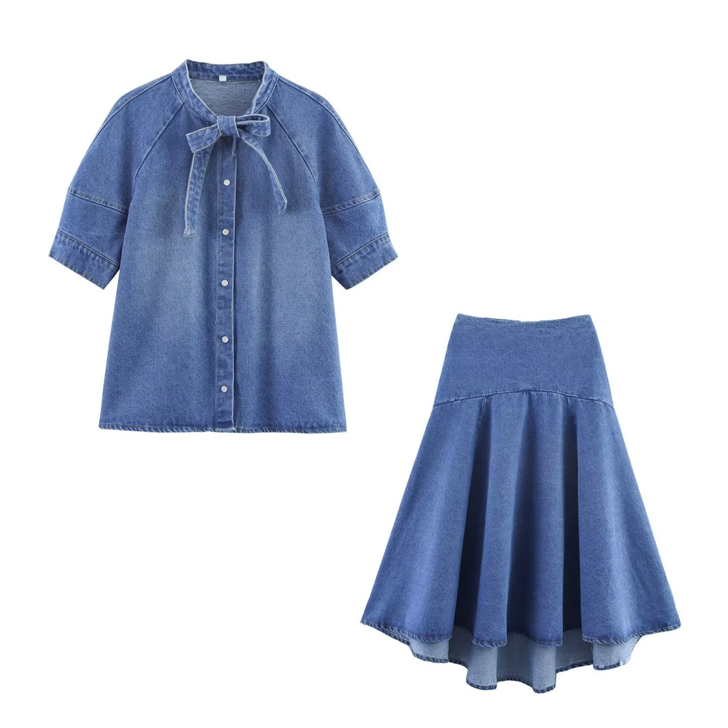 Women's new fashion bow decoration short sleeved denim shirt+Skirts suit