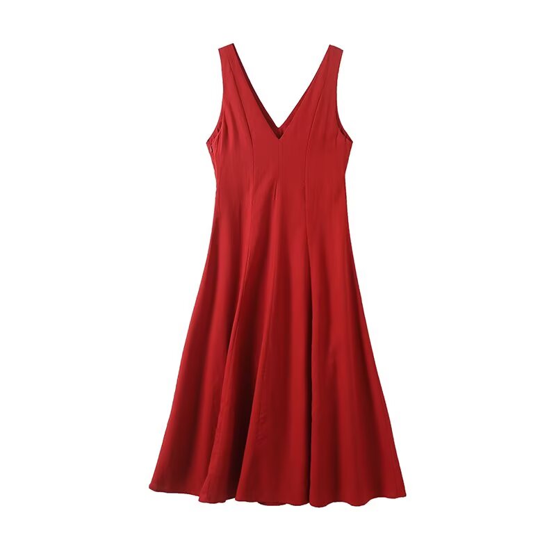 Women's New Fashion Linen Blended V-neck Wide Swing Midi Dress