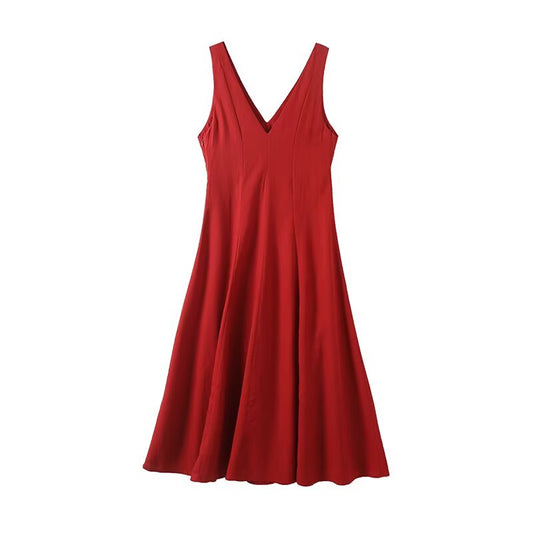 Women's New Fashion Linen Blended V-neck Wide Swing Midi Dress