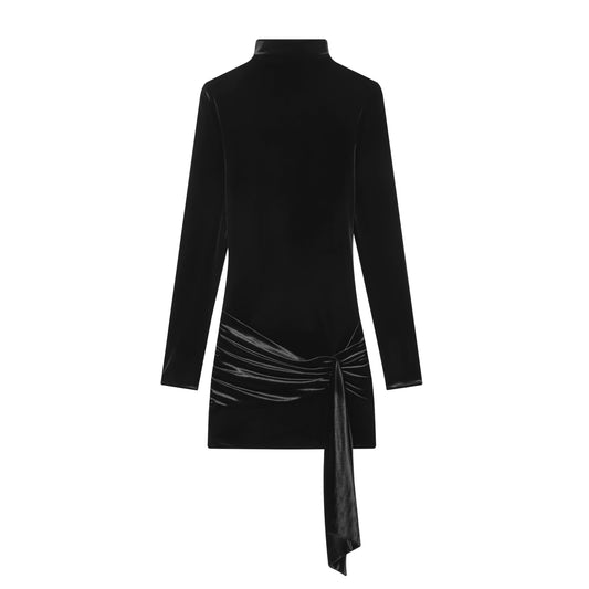 Women's belt decoration black slim velvet mini dress