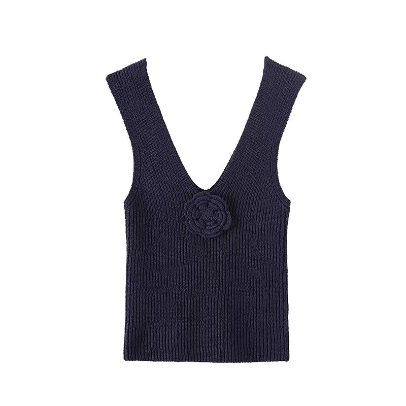 Women's 2025 new fashion flower decoration V-neck knitted vest