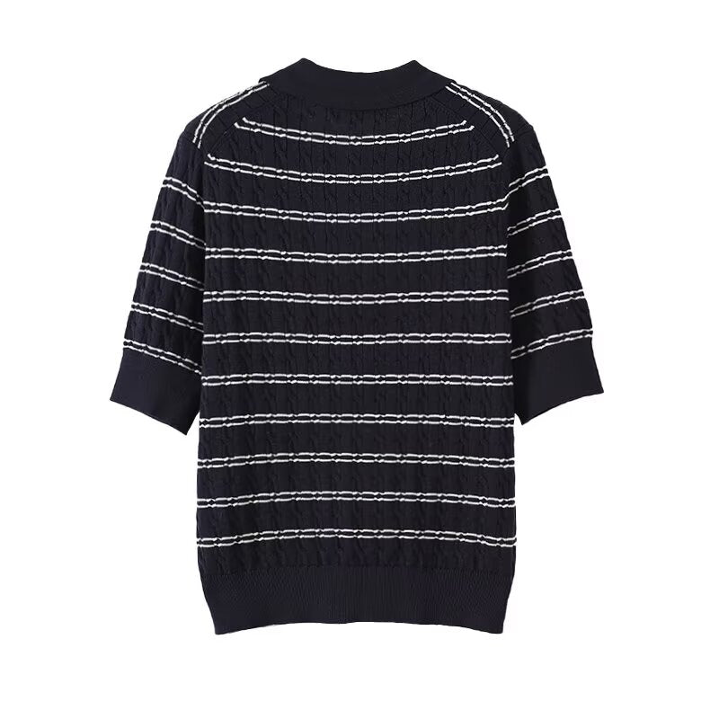 Women's New Fashion Casual Striped Mid Sleeve Knitted Top