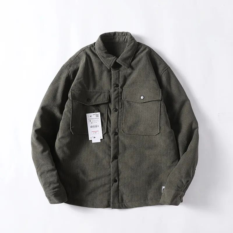 Men's New Fashion Casual Joker Tooling Flip Patch Pocket Corduroy Loose Shirt Coat Retro Coat.