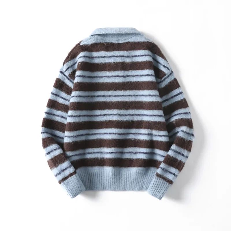 Men's New Fashion Casual Knitted POLO Shirt Striped Lazy Sweater Knitted Sweater Retro Long Sleeve Sweater