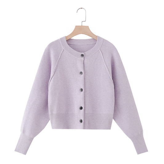 Women's short O Neck long sleeved knitted Coat