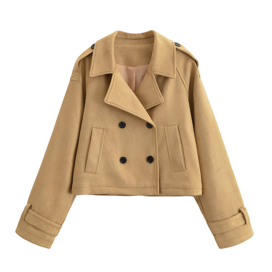 Women's new fashion lapel short double breasted Windbreaker coat