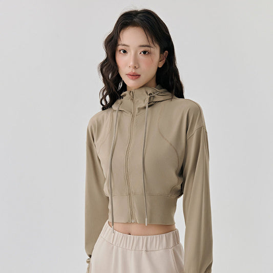 Women's short yoga coat with adjustable hat rope