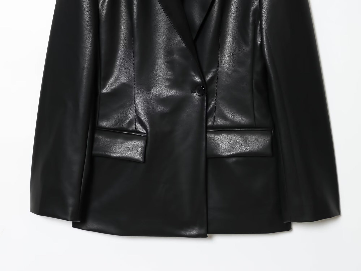 Women's new fashion black slim faux leather effect suit Coat