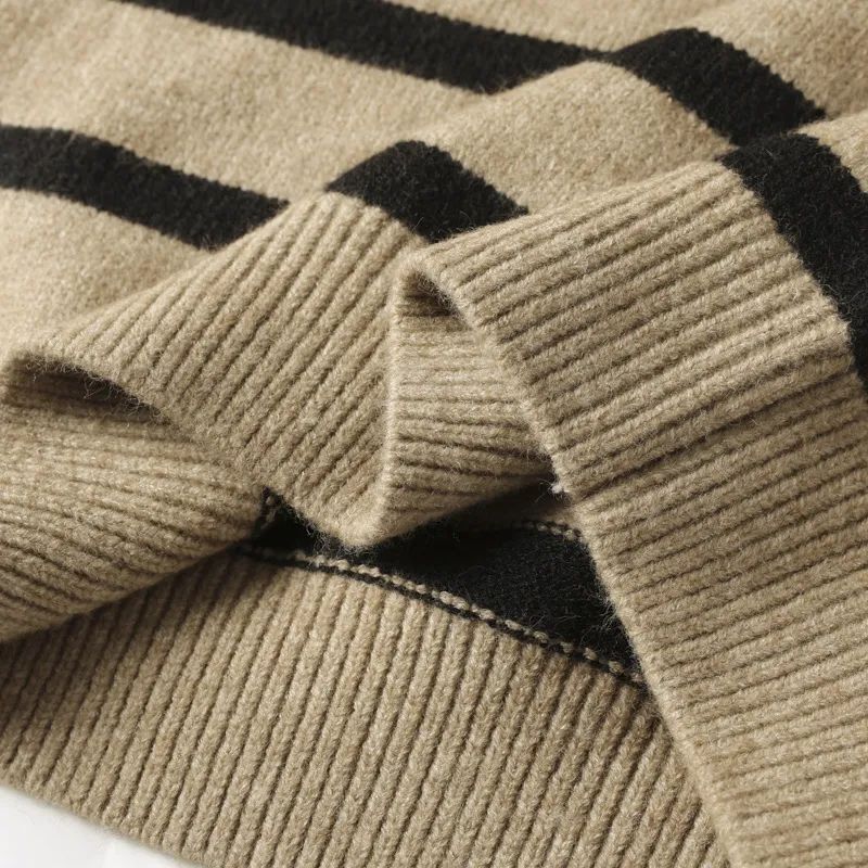 Men's New Fashion Casual Loose Striped Sweater Shirt Polo Neck Knitted Sweater Retro Long Sleeve Sweater