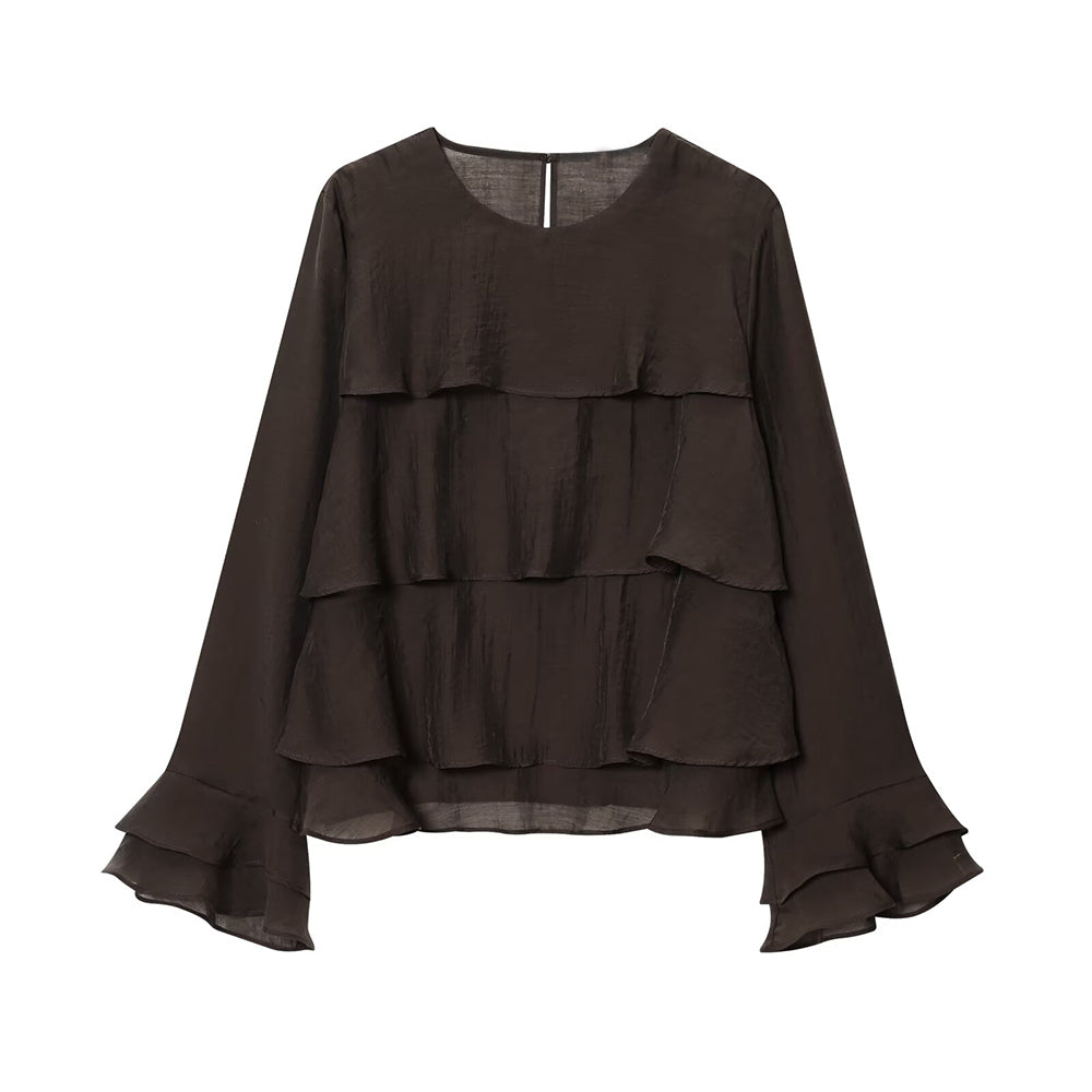 Women's new layered decoration O Neck long sleeved top