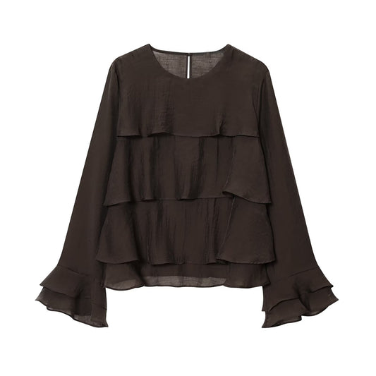 Women's new layered decoration O Neck long sleeved top