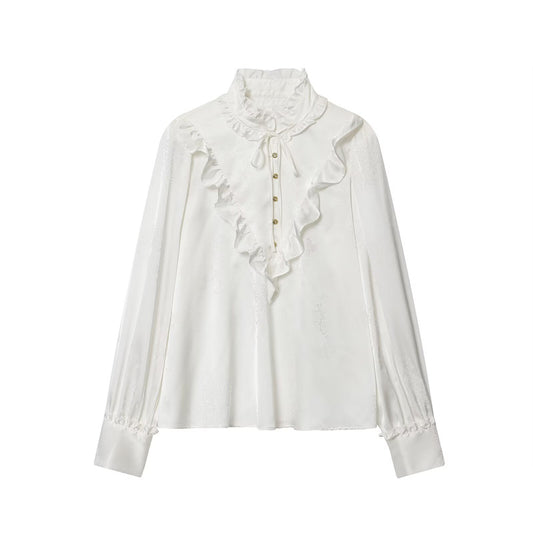 Women's new fashion long sleeved satin textured jacquard shirt