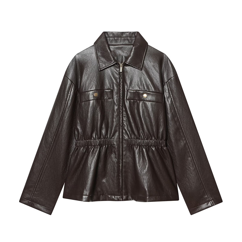 Women's elastic waist imitation leather jacket Coat