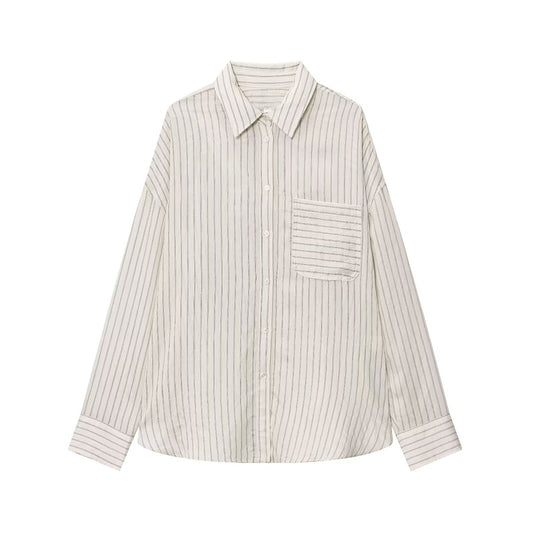 Women's new fashion loose striped lapel long sleeved shirt