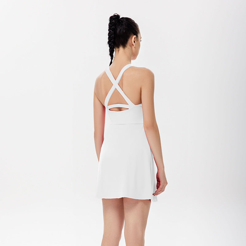 LU Women's New Casual Nude Collar Tennis Skirt with Detachable Chest Pad for Outdoor Yoga Clothes Against Exposure.