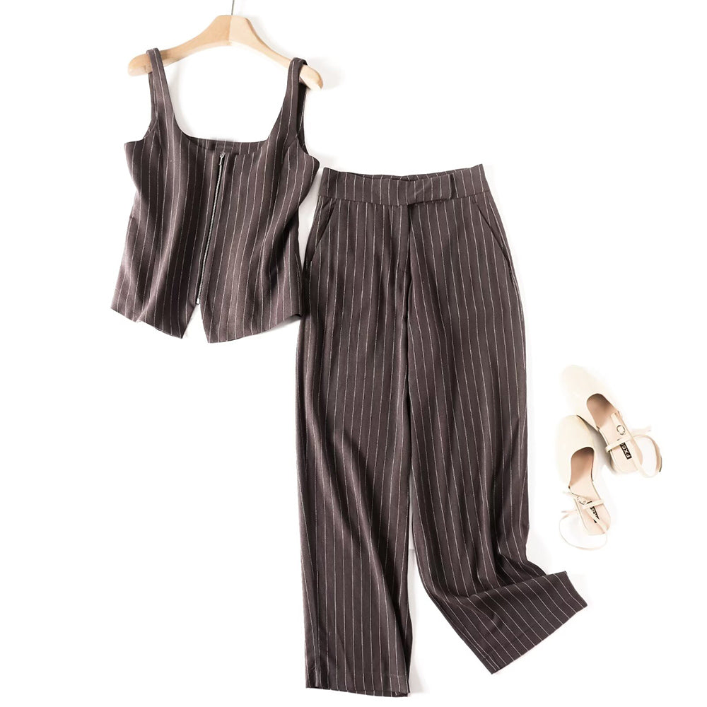 Women's new fashion slim striped zipper square neck suit vest+Pants suit