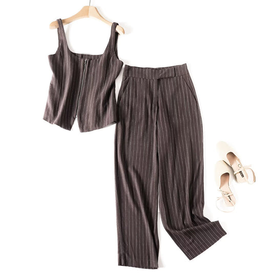 Women's new fashion slim striped zipper square neck suit vest+Pants suit