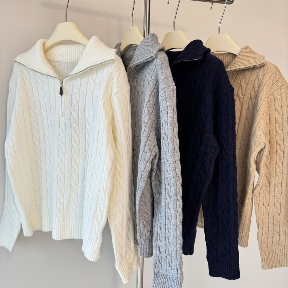 New loose-fitting cable knit cotton half-zip knit sweater