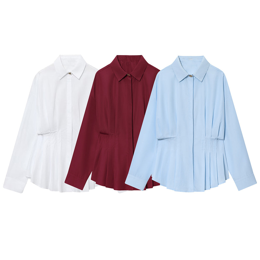 Women's new fashion long sleeved pleated poplin shirt