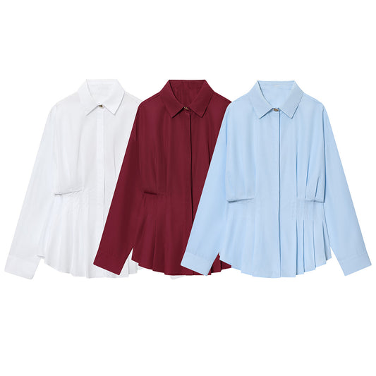Women's new fashion long sleeved pleated poplin shirt