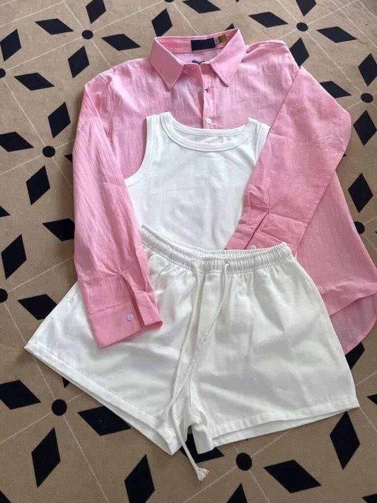 Women's new fashion Joker casual pink loose long-sleeved shirt vest elastic waist shorts set of three.