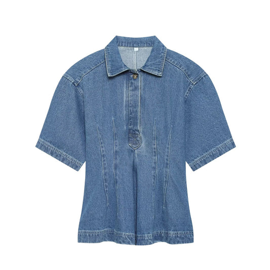Women's short sleeved waist cinched denim shirt