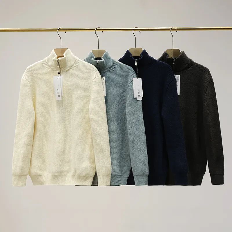 Men's New Fashion Casual Joker Retro Loose Half-turtleneck Zipper Knit Sweater Retro Long-sleeved Men's Chic Sweater