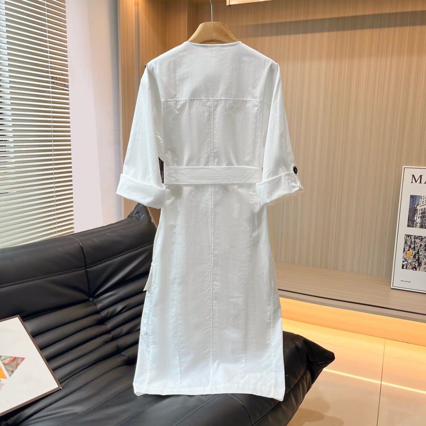 Women's new fashion with Belt round neck shirt style MIDI dress