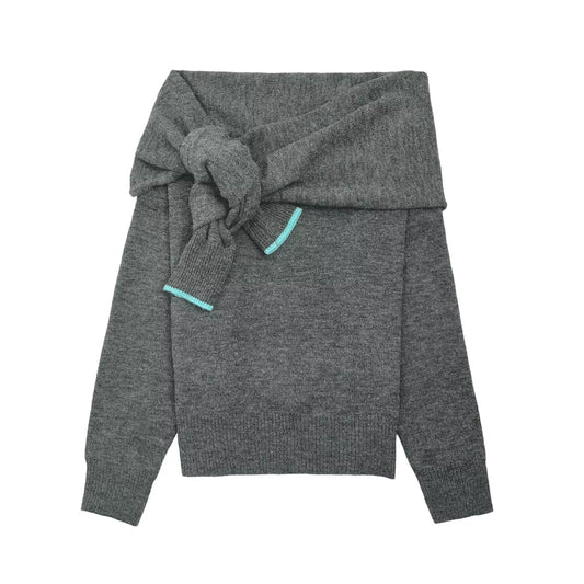 Women's new fashion knot decoration off shoulder knitted sweater