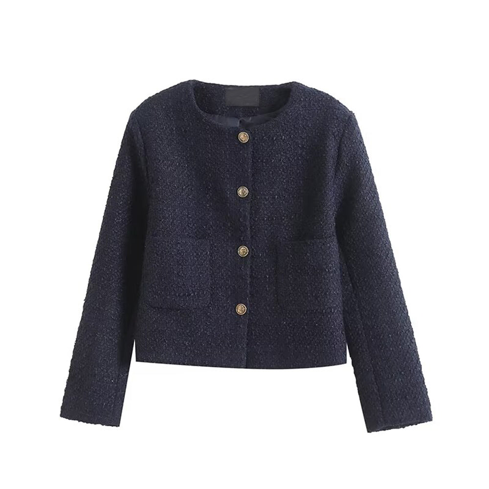 Women's gold button decoration short O Neck textured Coat