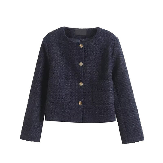 Women's gold button decoration short O Neck textured Coat