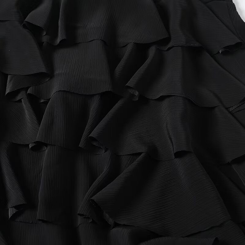 Women's new fashion black ruffled draped MIDI skirt