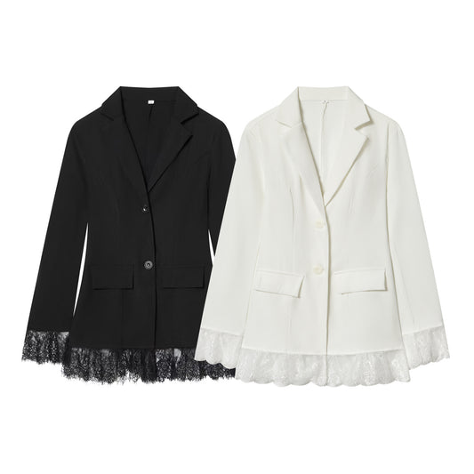 Women's waist cinched slim lace patchwork Blazer Coat