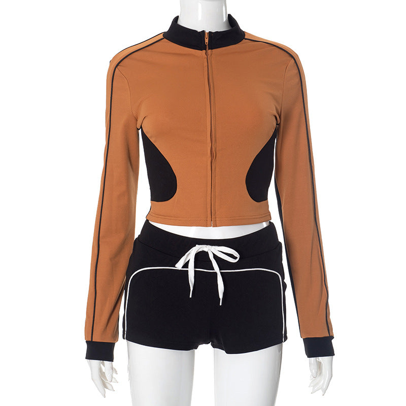 Women's New Stand-up Collar Slim Fitness Clothes Slim Top Sports Coat Shorts Suit