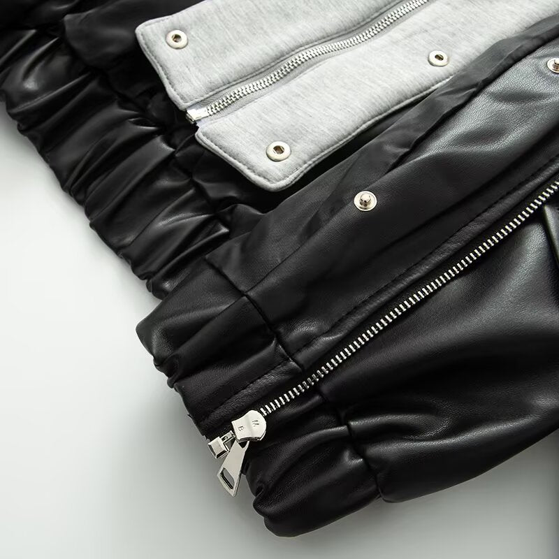 Women's patchwork hooded PU leather jacket Coat
