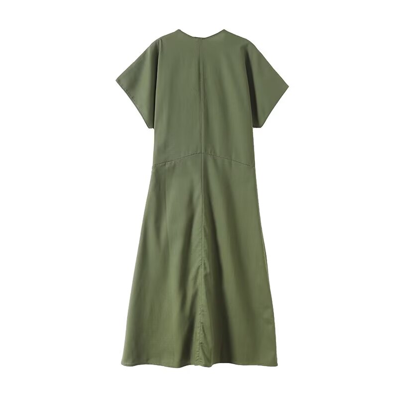 Women's new fashion short sleeved linen blended V-neck MIDI dress