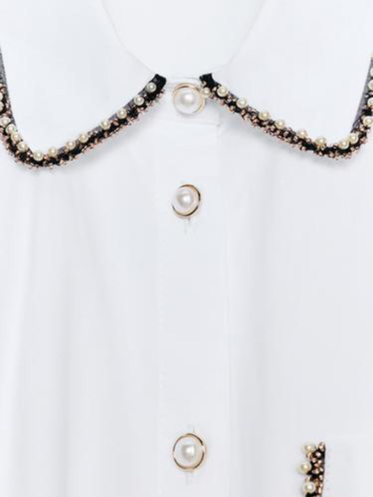 Women's new fashion bead decoration bubble sleeve poplin shirt