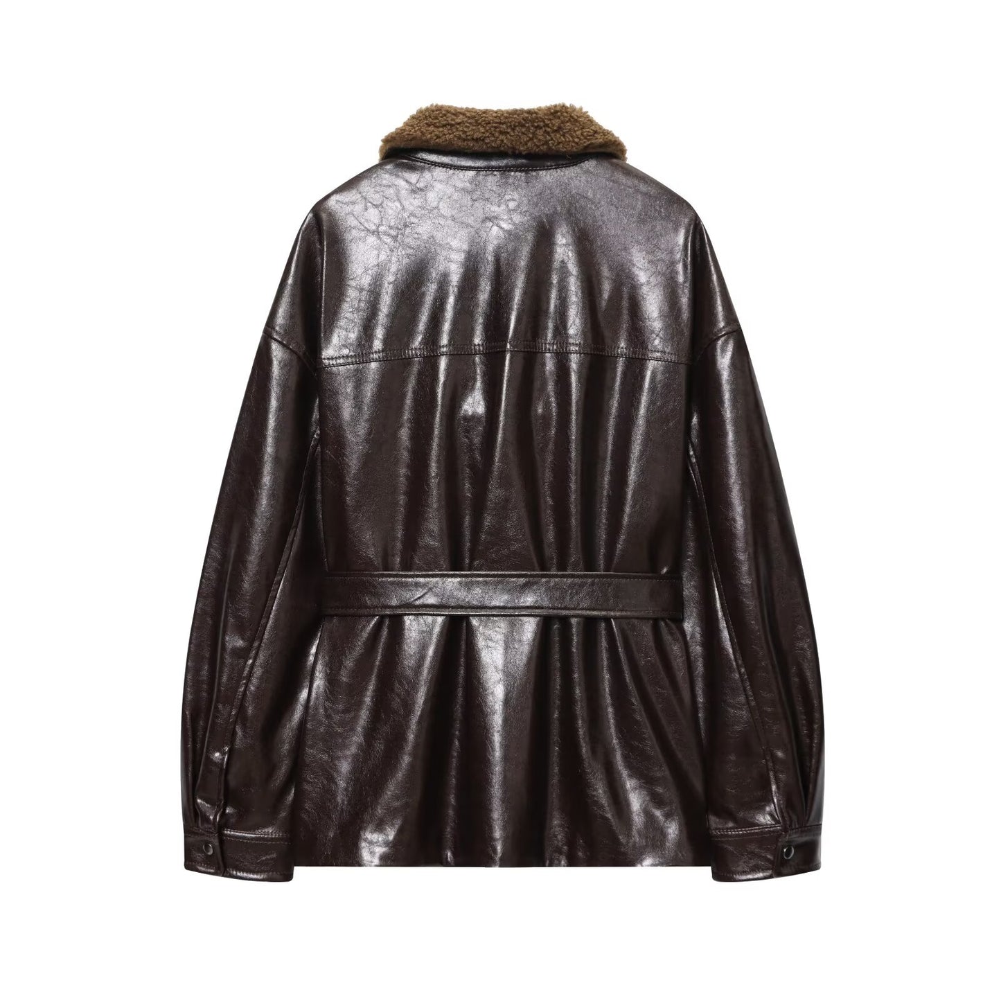Women's with Belt Fur Faux Leather effect jacket Coat