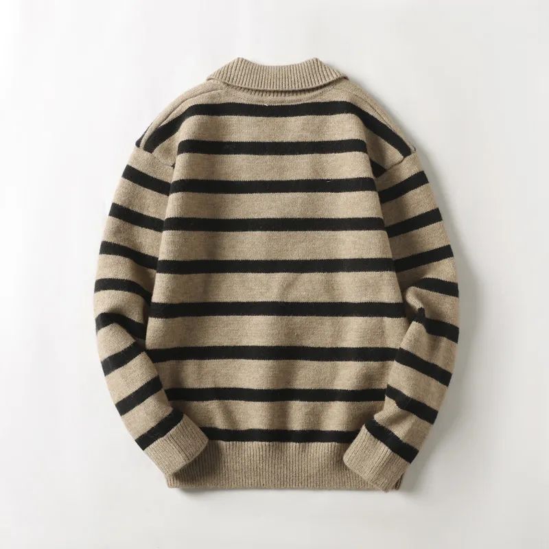 Men's New Fashion Casual Loose Striped Sweater Shirt Polo Neck Knitted Sweater Retro Long Sleeve Sweater